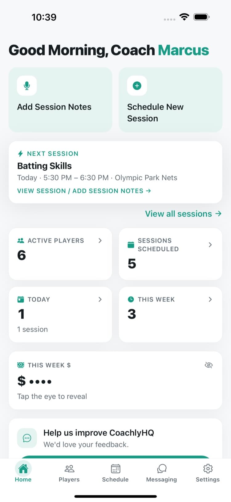 CoachlyHQ coach home screen showing today's session and quick actions