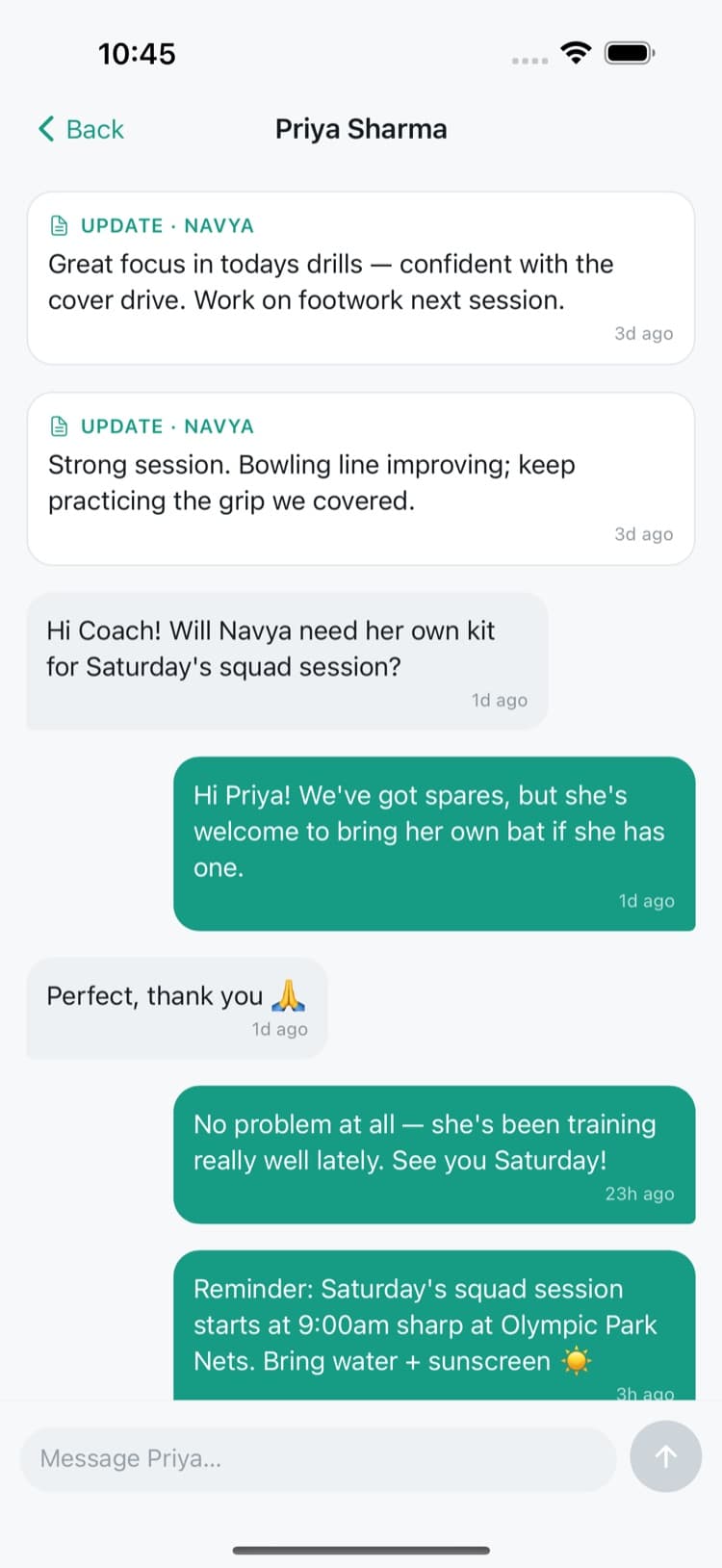 CoachlyHQ messaging screen showing a private conversation between coach and parent