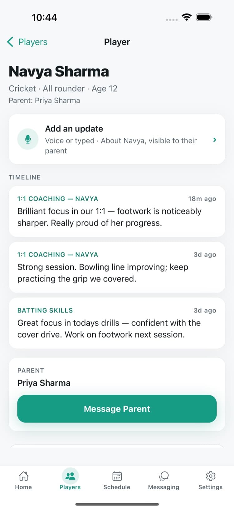 CoachlyHQ player screen showing a timeline of session updates for one player