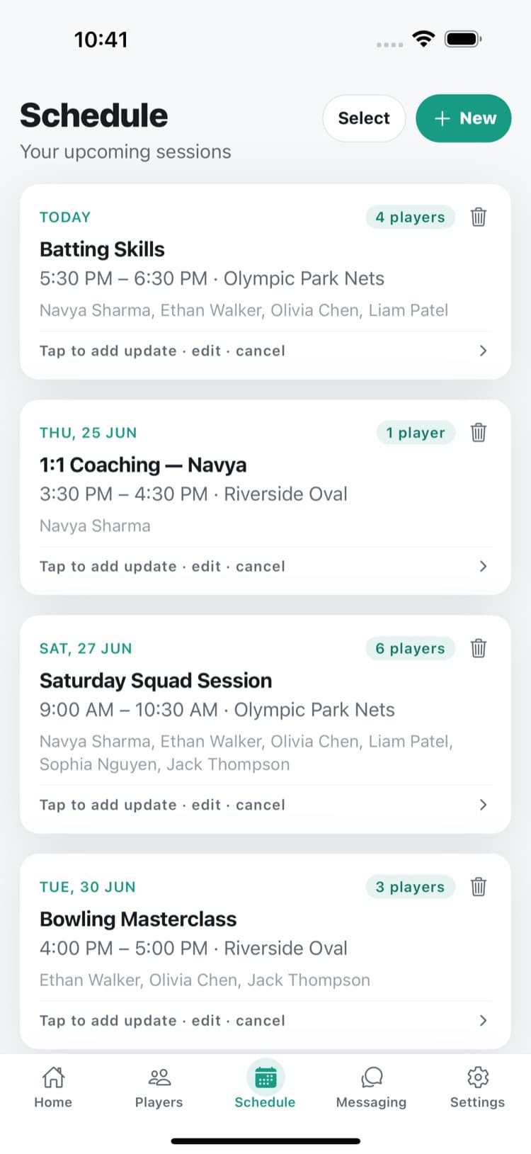 CoachlyHQ schedule screen listing upcoming coaching sessions with players
